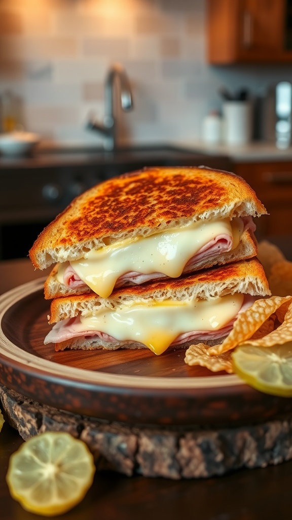 A toasted ham and cheese sandwich on a wooden plate with pickles and chips.
